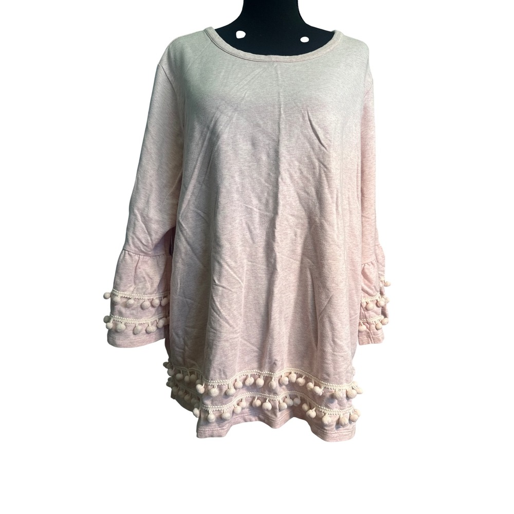 Crown & Ivy Curvy Pink Pom Pom Trim Bell Sleeve Sweatshirt Womens 2X Heathered